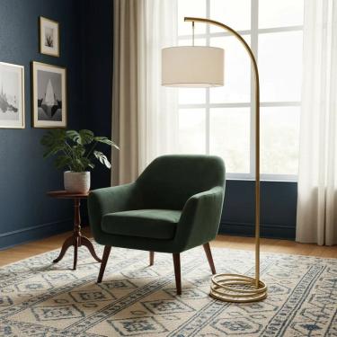 Imagem de Abajur de Piso Luminária de Chão Rio Cúpula Linho Palha Moderno em Metal