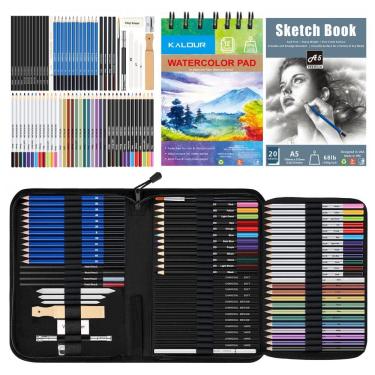 Imagem de Kit de desenho e esboço 76 peças KALOUR com lápis grafite, cor, aquarela, metálico, carvão, sketchbook, bloco aquarela e estojo