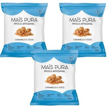 Imagem de Kit 3 pipoca artesanal caramelo e coco 50g mais pura - Grupo Rocha Saú