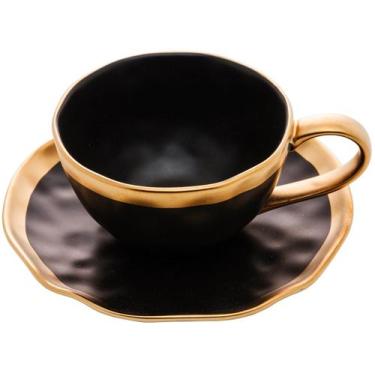 Imagem de Xícara De Chá E Pires Porcelana Preto E Dourado Dubai 200ml Wolff