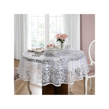 Imagem de Toalha De Mesa Redonda De Renda Premium Lepper 4 Lugares Rosas, Branco