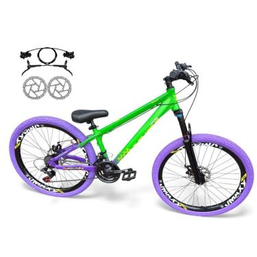 Imagem de Bicicleta Aro 26 Vikingx Tuff Freio Hidráulico 21v Freeride Rodas Vmaxx Suspensão Pneu Flame Verde-Roxo X44