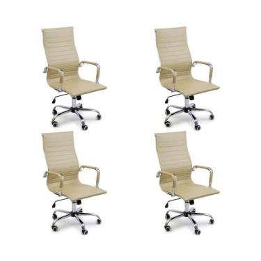 Imagem de Kit 4 Cadeiras De Escritório Esteirinha Giratória Ergonômica Alta Bege