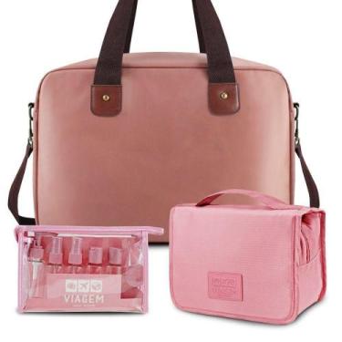Imagem de Kit Bolsa De Viagem + Necessaire + Frascos De Viagem 10 Peças Rosa - J