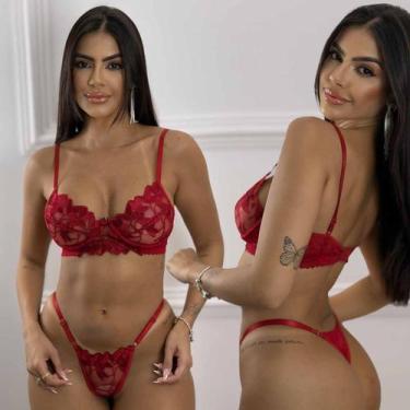 Imagem de Conjunto De Lingerie Sensual Renda Bordado Sem Bojo Com Aro Calcinha f