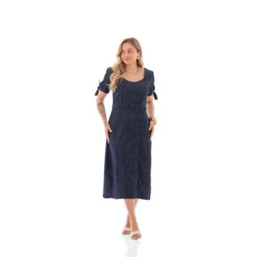 Imagem de Vestido Jeans Feminino Arauto Midi Fenda, Azul escuro, P