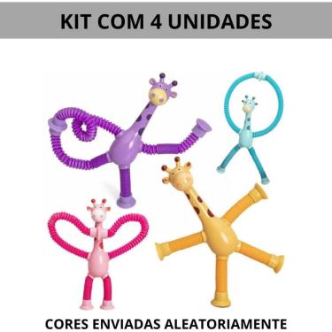 Imagem de Brinquedo Infantil Girafa Pop Tubo LED com Ventosa Kit com 4 Unidades Estimula Sentidos e Coordenação Amarelo Azul Rosa