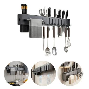 Imagem de Suporte Organizador de Utensílios Suporte Cinza 10 Ganchos em Metal com Porta-Talher Removível para Cozinha Top Rio
