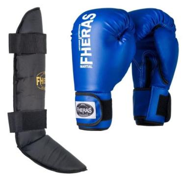Imagem de Luva Boxe Muay Thai Tradicional com Caneleira Free Style Fheras, Azul,