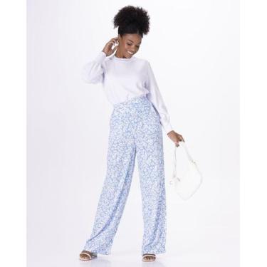 Imagem de Calça Reta Feminina Floral Em Viscose Texturizada - Malwee, Azul, P