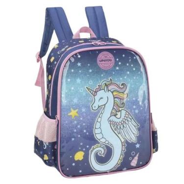 Imagem de Mochila Infantil Costas 2 Zíperes Unicórnio Marinho Luxcel, Azul