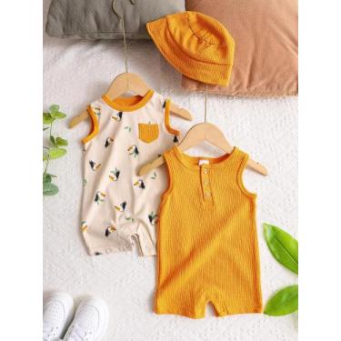 Imagem de Conjunto De Macacões E Chapéu Para Bebê Menino De Verão 3 Peças Em Alg