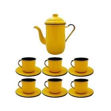 Imagem de Kit Bule De Café E Chá Com 6 Xícaras e Pires Aço Esmaltado