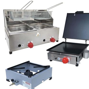 Imagem de Kit Lanchonete Fogão Portátil 1 Boca + Chapa 30cm Prensa e Fritadeira Profissional 2 Cubas Alcamar