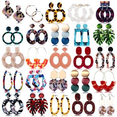 Imagem de FIFATA Conjunto de 25 pares de brincos de resina acrílica para mulheres e meninas com argola mosqueada moderna joia suspensa hipoalergênica para orelhas sensíveis, Metal, acrílico