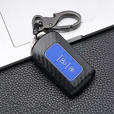 Imagem de YJADHU Porta-chaves de carbono para chave de carro, apto para Mitsubishi Outlander 3 Lancer 10 L200 Asx Colt Pajero Sport Eclipse Cross, 2 botões azuis