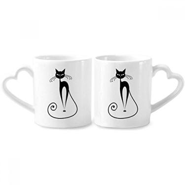 Imagem de Conjunto de canecas de porcelana para casal, com desenho de animal e gato preto de cauda longa
