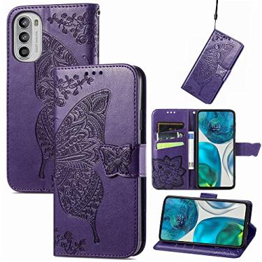 Imagem de Capas de telefone borboleta em relevo compatíveis com Motorola Moto G52 G 52 capa de couro fashion slots para cartão de visita clipe de carteira capa de telefone à prova de choque (roxo escuro, Motorola Moto G52)