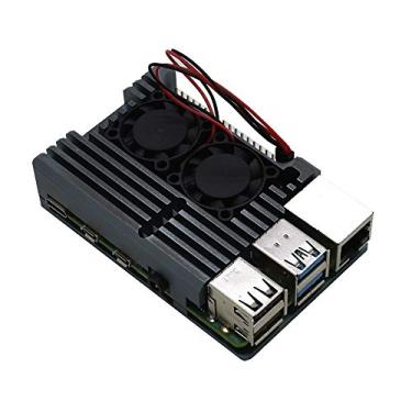 Imagem de Treedix Estojo blindado de liga de alumínio de metal Pi 4, com ventilador de resfriamento duplo dissipador de calor compatível com Raspberry Pi 4 modelo/Pi 4B (preto)