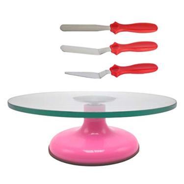 Imagem de GENÉRICA Kit Bailarina Giratória Bolo Rosa, 3 Espátulas Confeitaria - Vidro Temperado, Plástico e Inox