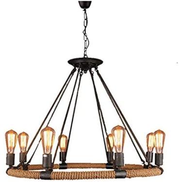 Imagem de Corda De Cânhamo Industrial Durante Luz 6-luzes Lustre Rústico Redondo Roda De Carroça Luminária De Teto Com Corda Para Bar Armazém Lareira Casa De Fazenda-,corda De Cânhamo Preto,6 Cabeças,Pleasa