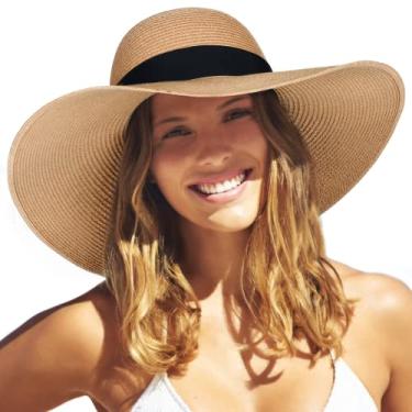 Imagem de Chapéu de palha feminino de sol aba larga chapéu de verão dobrável enrolável chapéus de praia para mulheres(cáqui,Medium-Large)