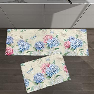 Imagem de Conjunto de 2 tapetes de cozinha flor de hortênsia rosa azul floral planta vintage primavera verão para tapetes acolchoados de chão tapetes e tapetes antiderrapantes absorventes corredor confortável tapete de pé