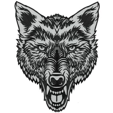 Imagem de VEGASBEE Patch Best Wolf Patch Big Lone Wolf Head bordado a ferro para colete de couro, jaqueta jeans, cinza, tamanho grande, G 30,5 cm por 24 cm, design original EUA (preto-cinza)