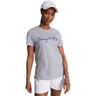 Imagem de Tommy Hilfiger Camiseta feminina de algodão de desempenho – Camisetas estampadas leves, Logotipo de assinatura estampado, cinza fumê mesclado, M