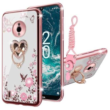 Imagem de KuDiNi Capa para Nokia C200 (6,1 polegadas), capa de telefone Nokia C200 para mulheres glitter cristal macio cintilante fofo coração borboleta floral capa protetora transparente com suporte + alça