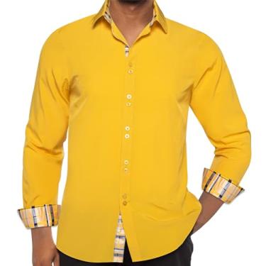 Imagem de DiBanGu Camisa social masculina de manga comprida, ajuste regular, botões com alfinete de gola, cor contrastante interna, Xadrez amarelo, GG