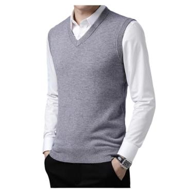 Imagem de Suéter masculino de malha sólido suéter de malha jersey colete leve vintage pulôver suéteres, Cinza-claro, G