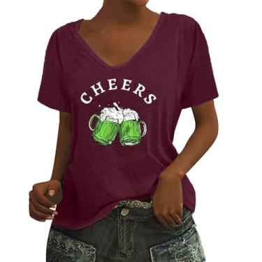 Imagem de Camiseta feminina do dia de São Patrício com estampa de trevo da bandeira irlandesa, túnica verde, camiseta de verão de manga curta, Vinho, GG