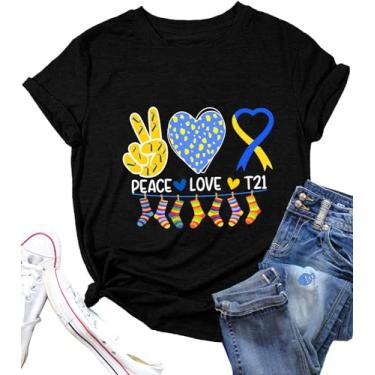 Imagem de Camiseta feminina World Down Syndrome Day para mulheres Peace Love T21 Down Sandrome Awareness Graphic Tee, Preto, M