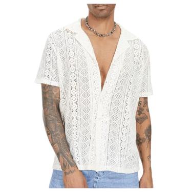 Imagem de Floerns Camisas masculinas de malha transparente com gola de lapela e manga curta, Branco, XXG