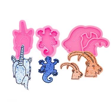 Imagem de AMZTOART 3 moldes de silicone brilhante para telefone, moldes e chifres de carretel de crachá em forma de unicórnio, molde de resina de lagartixa, arte de artesanato na parte superior do telefone,