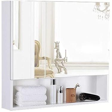 Imagem de Armário de espelho de banheiro de porta dupla armário de armazenamento de madeira maciça, espelho de prata HD, espelho de vaidade (cor: branco, tamanho: 60 * 70 * 13 cm) (branco 70 * 70 * 13 cm)