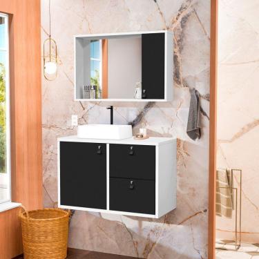 Imagem de Conjunto Gabinete para Banheiro com Cuba Sobrepor e Espelheira Toro 80 Cm Branco / Preto