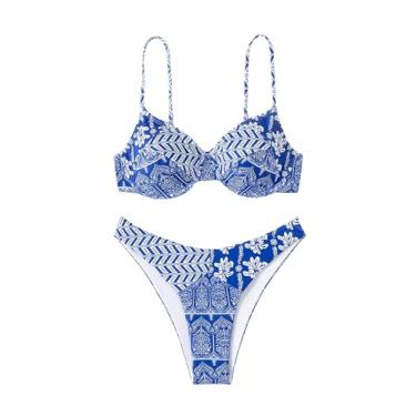 Imagem de BEAUDRM Conjunto de biquíni feminino de 2 peças com estampa floral com aro e cintura alta, conjunto de biquíni boêmio, roupa de praia, Azul e branco, GG