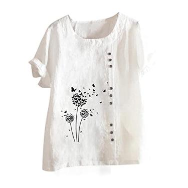 Imagem de Camiseta feminina de linho com estampa de dente-de-leão blusa de gola redonda solta mangas curtas roupas de verão, Branco, GG