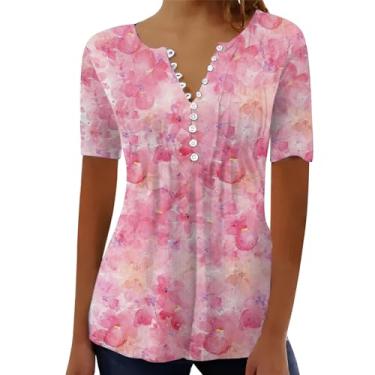 Imagem de Camisetas femininas de linho, casual, de manga curta, com botões, caimento solto, blusa básica plissada, roupas para sair, Rosa choque - f, P