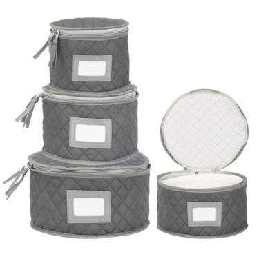 Imagem de Fine China Storage - Conjunto de 4 estojos acolchoados para armazenamento de louça. Tamanhos: 30,5 cm - 25,4 cm - 20,3 cm e 17,8 cm de largura - cinza - 48 separadores de placas de feltro incluídos