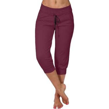 Imagem de Macacões femininos casuais de verão nova calça elástica cropped casual para mulheres moda calça de cintura alta para mulheres, Vinho, G