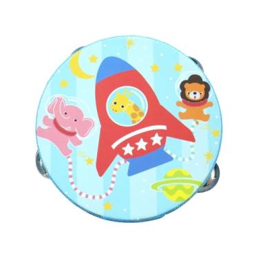 Imagem de Vaveren Pandeiro de mão de madeira tambor de mão musical brinquedo educativo pandeiro de fileiras duplas para jogos crianças crianças meninos meninas, Azul, 15cm
