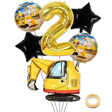 Imagem de Kawailay Construction 2nd Birthday Party Balloons Construction Balloons for 2 Birthday Decoration Jumbo Excavator Bulldozer Foil Balloon 32 Inch Gold Number 2 Helium Balloon for Boys Birthday Party