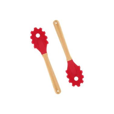Imagem de Kit 2 Garfos Para Massas de Silicone Cabo de Bamboo Mor Vermelho