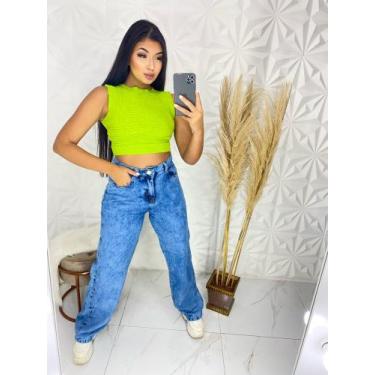 Imagem de Calça Jeans Feminina Sky Wide Leg Pantalona Cintura Alta Tecido Premiu