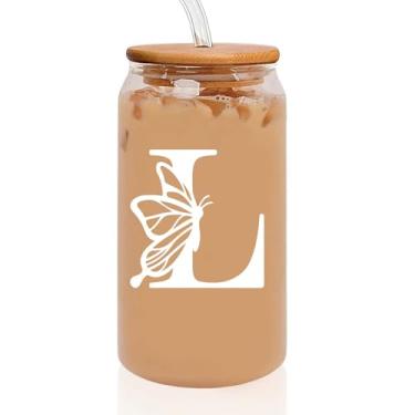 Imagem de Copo de lata inicial de 473 ml com tampa e canudo, presentes com monograma para mulheres, xícara de café em forma de letra L, presentes de aniversário de Natal personalizados para mulheres mãe irmã amiga (473 ml, G)