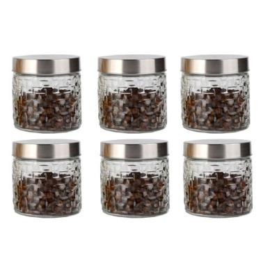 Imagem de Conjunto 6 Potes Vidro Rattan Tampa Inox 800ml Class Home