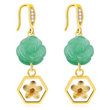 Imagem de JunyiDIY Brincos pendentes banhados a ouro 18K com zircônia cúbica e flor de pedra natural | Design hexagonal elegante com centro floral e semente de mostarda YA5050, One size, Latão, Zircônia